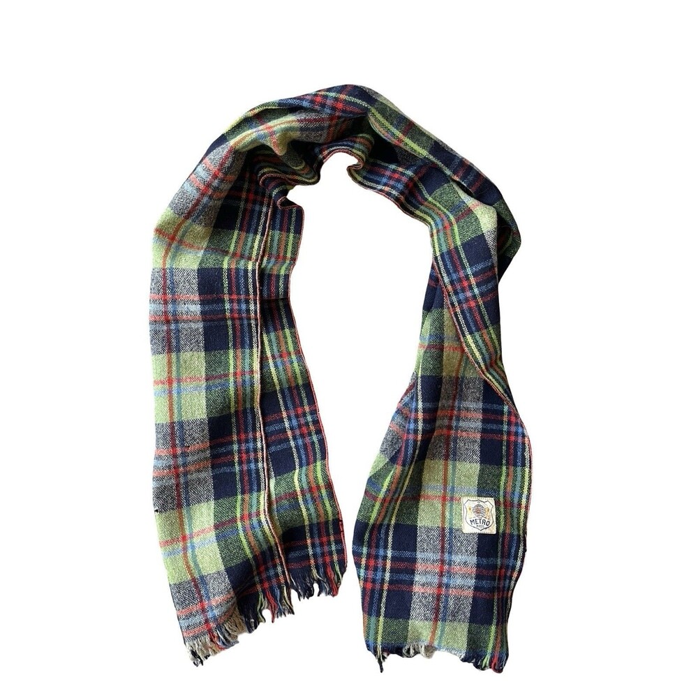 Vintage Metro Plaid Wool Scarf Green Blue Red Fringe Winter Unisex Retro